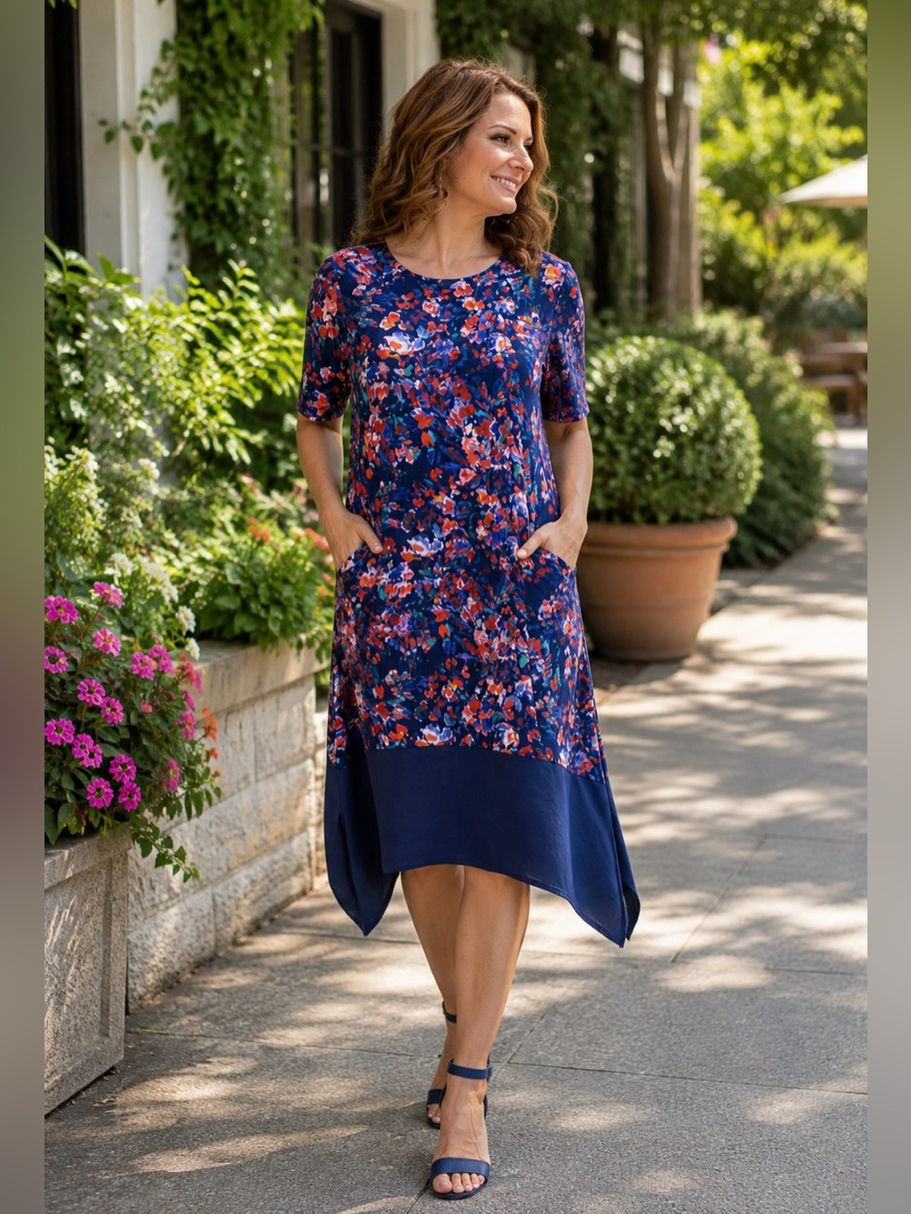 Cuddl Duds Dress Lounge Flexwear Blue Floral Elbow Sleeve Pockets